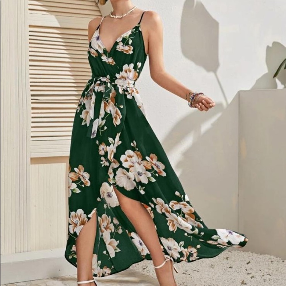 Green Floral Split Maxi Dress - NEW